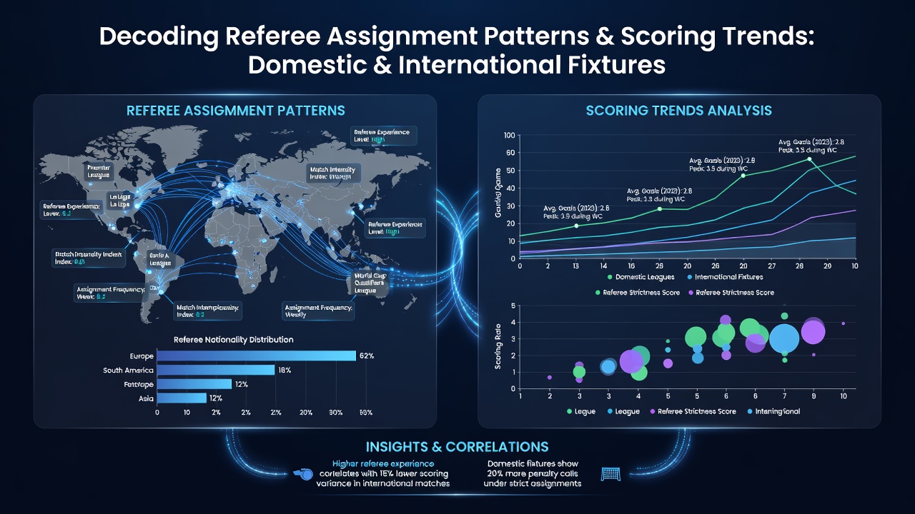 International referee signaling a decision during a high-stakes cross-border match with digital score overlay